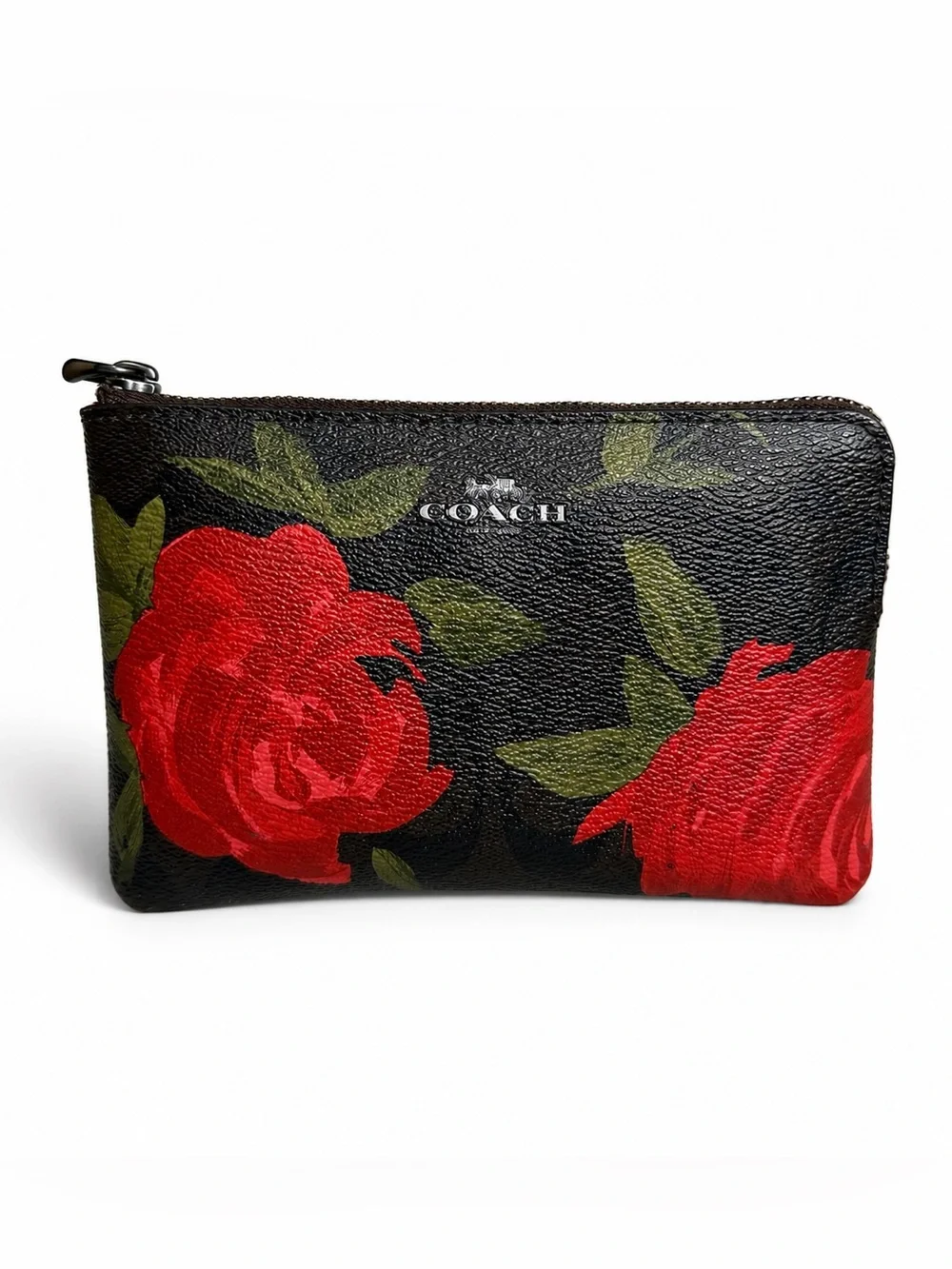 COACH - Leather Floral Zip Pouch with Red Roses